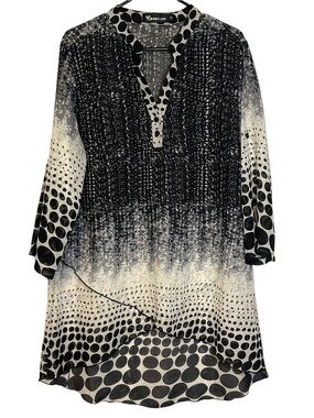 Creation XL Sheer Tunic Blouse Black White Polka Dot Abstract Layered Boho Top